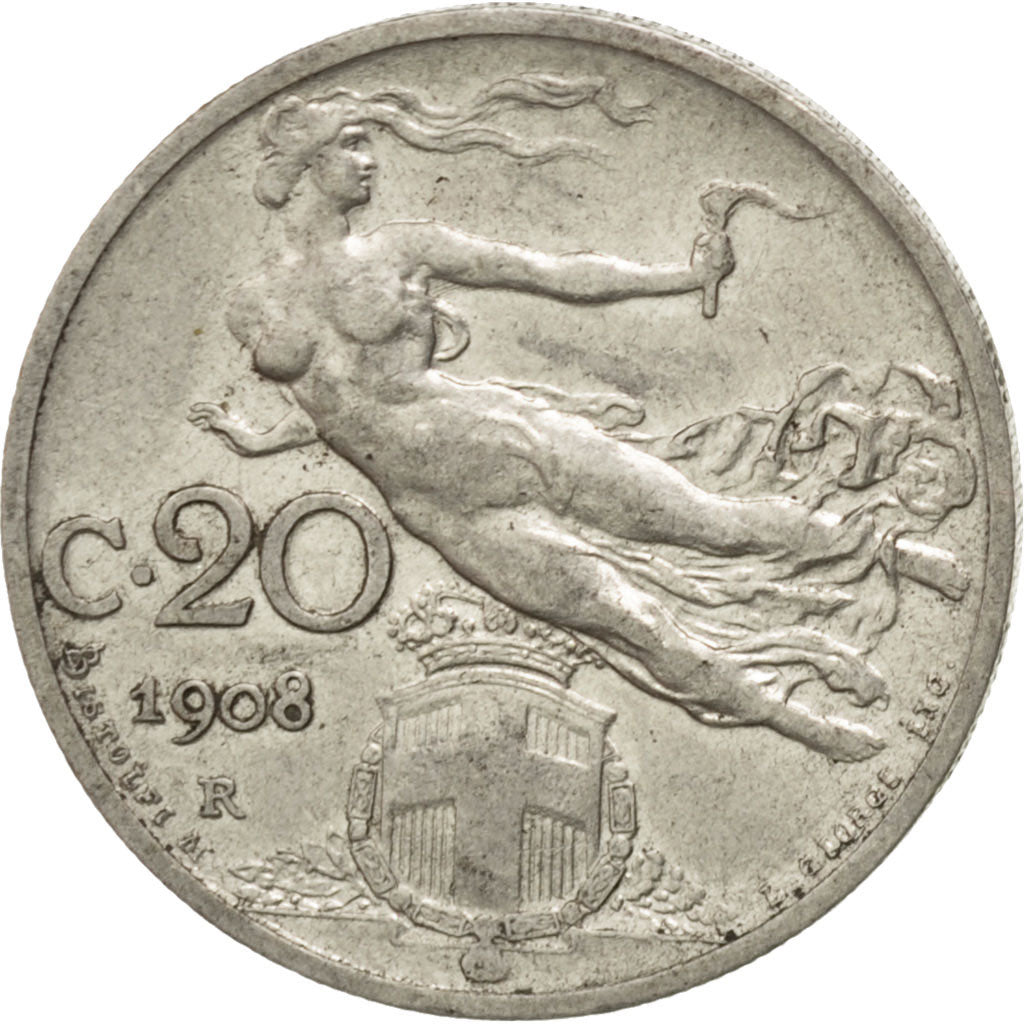ITALY, 20 Centesimi, 1908, Rome, KM #44, AU(55-58), Nickel, 21.5, 3.93