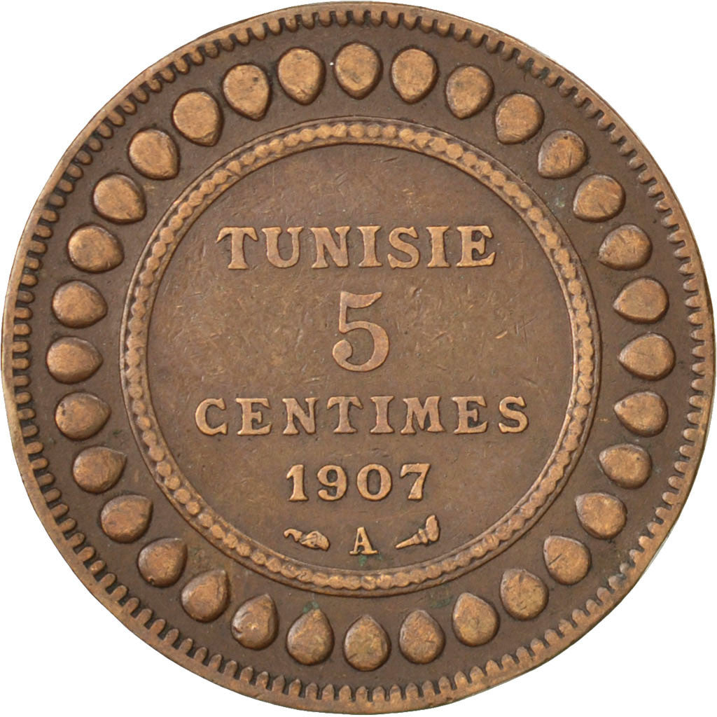 Coin, Tunisia, Muhammad al-Nasir Bey, 5 Centimes, 1907, EF(40-45), Bronze