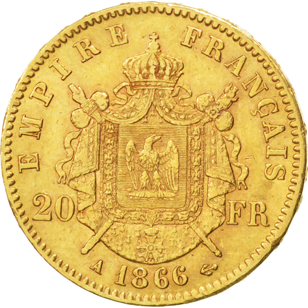 FRANCE, Napoléon III, 20 Francs, 1866, Paris, KM #801.1, AU(55-58), Gold, Gadour