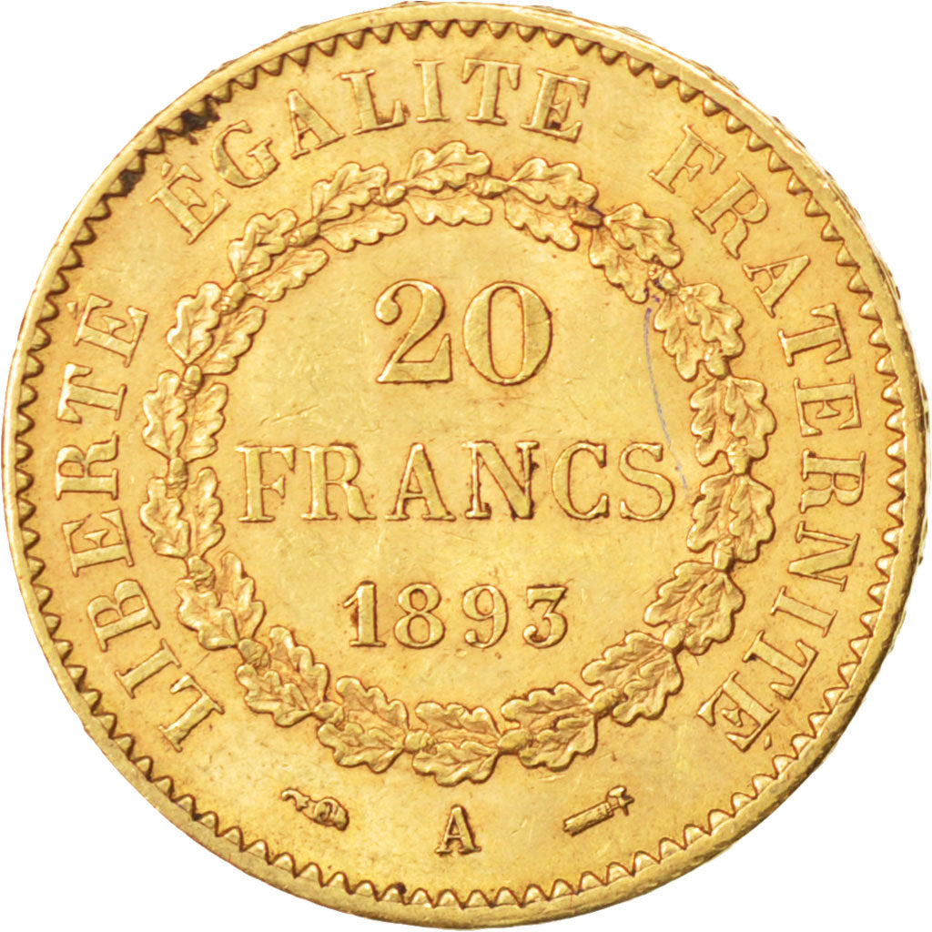 FRANCE, Génie, 20 Francs, 1893, Paris, KM #825, MS(60-62), Gold, Gadoury #1063, 