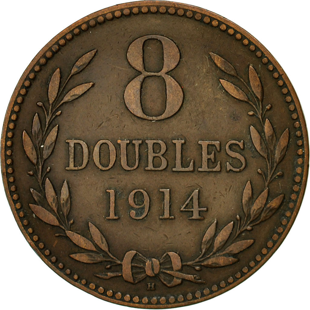 Coin, Guernsey, 8 Doubles, 1914, Heaton, Birmingham, EF(40-45), Bronze, KM:14