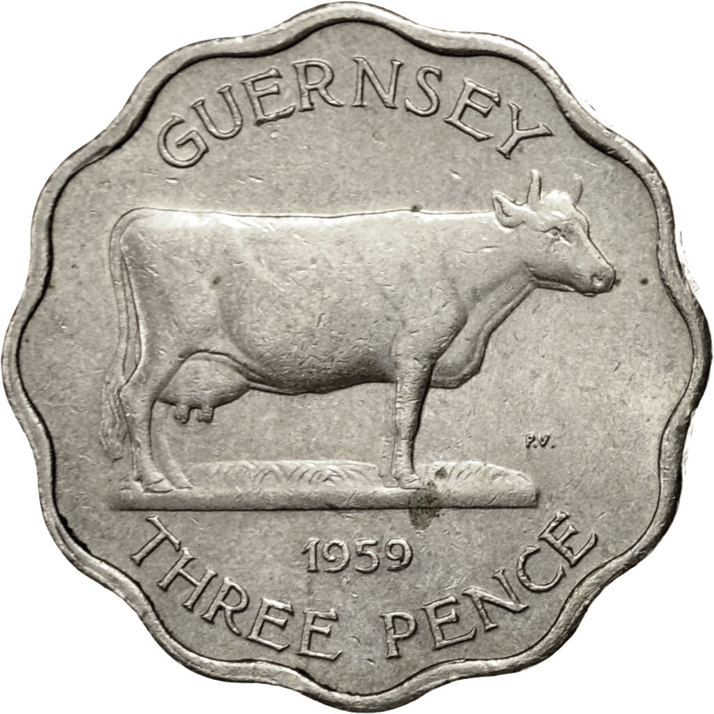 Coin, Guernsey, Elizabeth II, 3 Pence, 1959, Heaton, AU(55-58), Copper-nickel