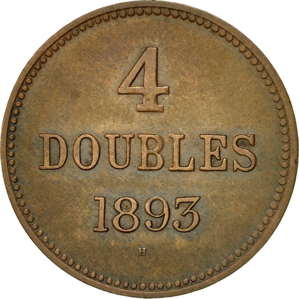 Coin, Guernsey, 4 Doubles, 1893, Heaton, Birmingham, EF(40-45), Bronze, KM:5
