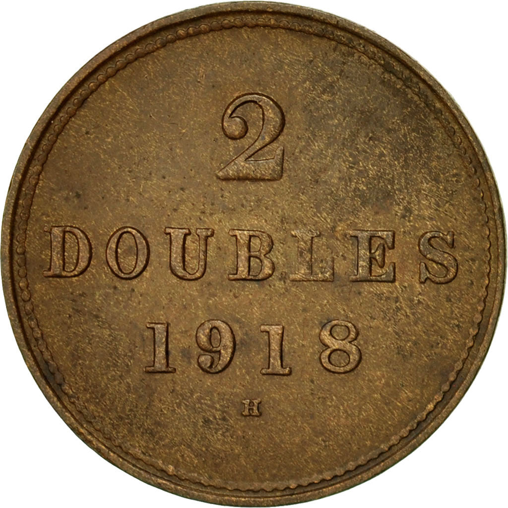 Coin, Guernsey, 2 Doubles, 1918, Heaton, Birmingham, EF(40-45), Bronze Plated