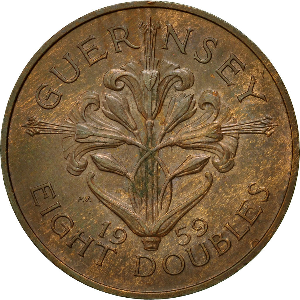 Moneta, Guernsey, Elizabeth II, 8 Doubles, 1959, Heaton, BB, Bronzo, KM:16