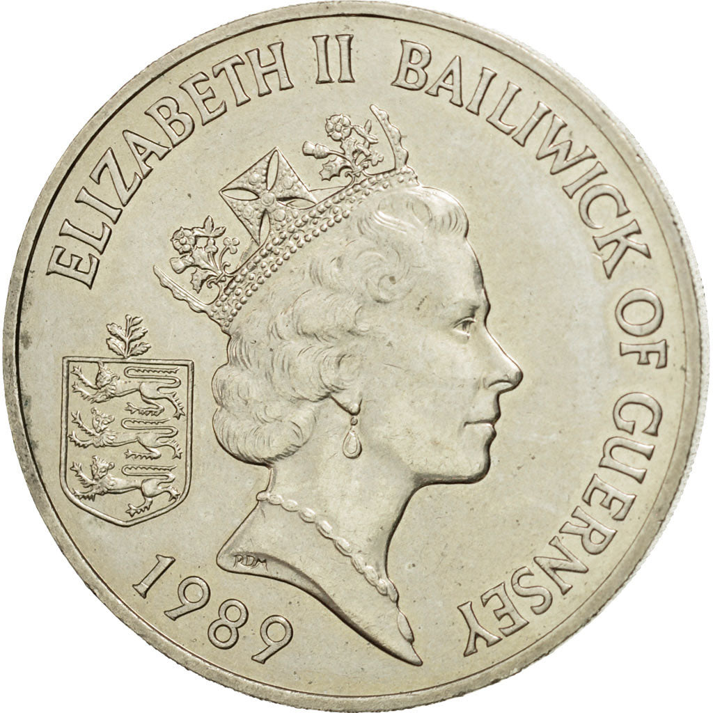 Coin, Guernsey, Elizabeth II, 2 Pounds, 1989, Heaton, AU(55-58), Copper-nickel