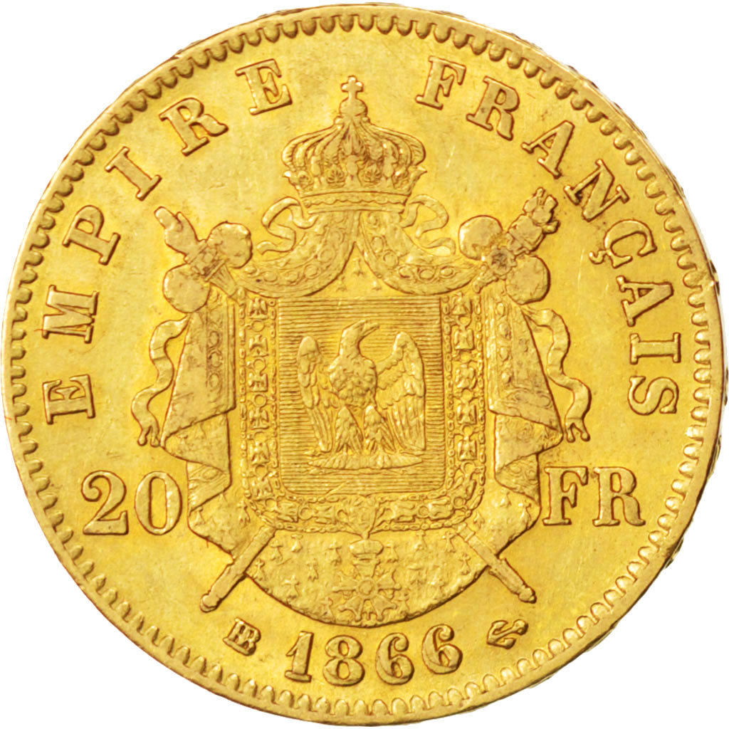 Second Empire, 20 francs or Napoléon III tête laurée 1866 BB, KM 801.2