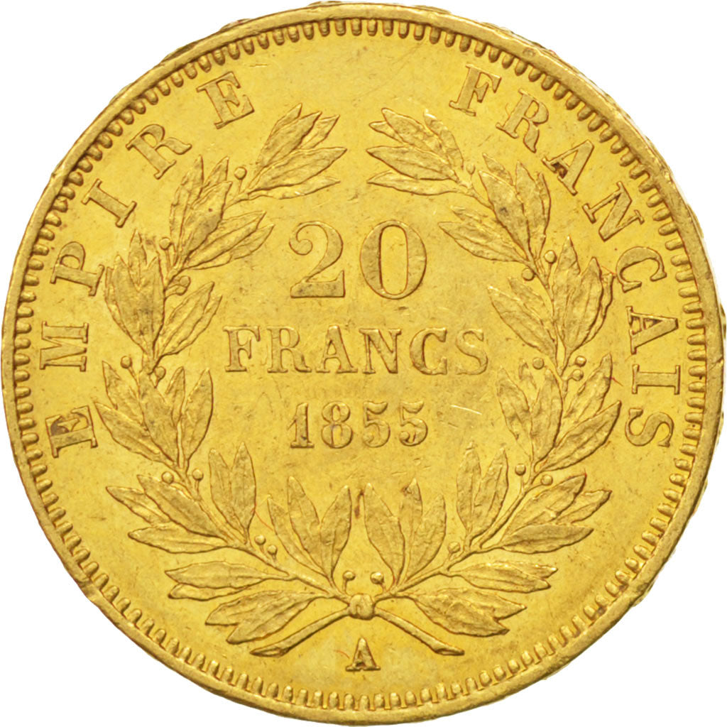 Second Empire, 20 Francs or Napoléon III tête nue 1855 A, KM 781.1