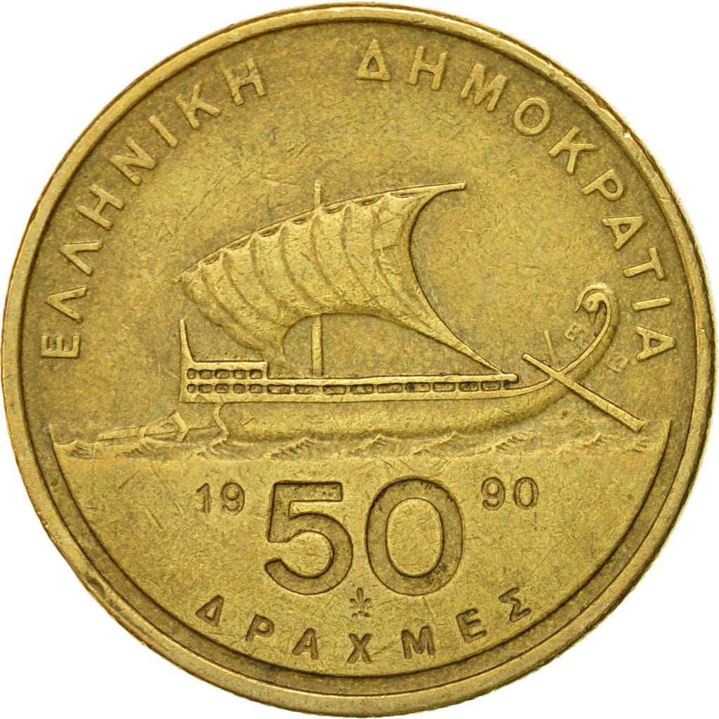 Coin, Greece, 50 Drachmes, 1990, EF(40-45), Aluminum-Bronze, KM:147