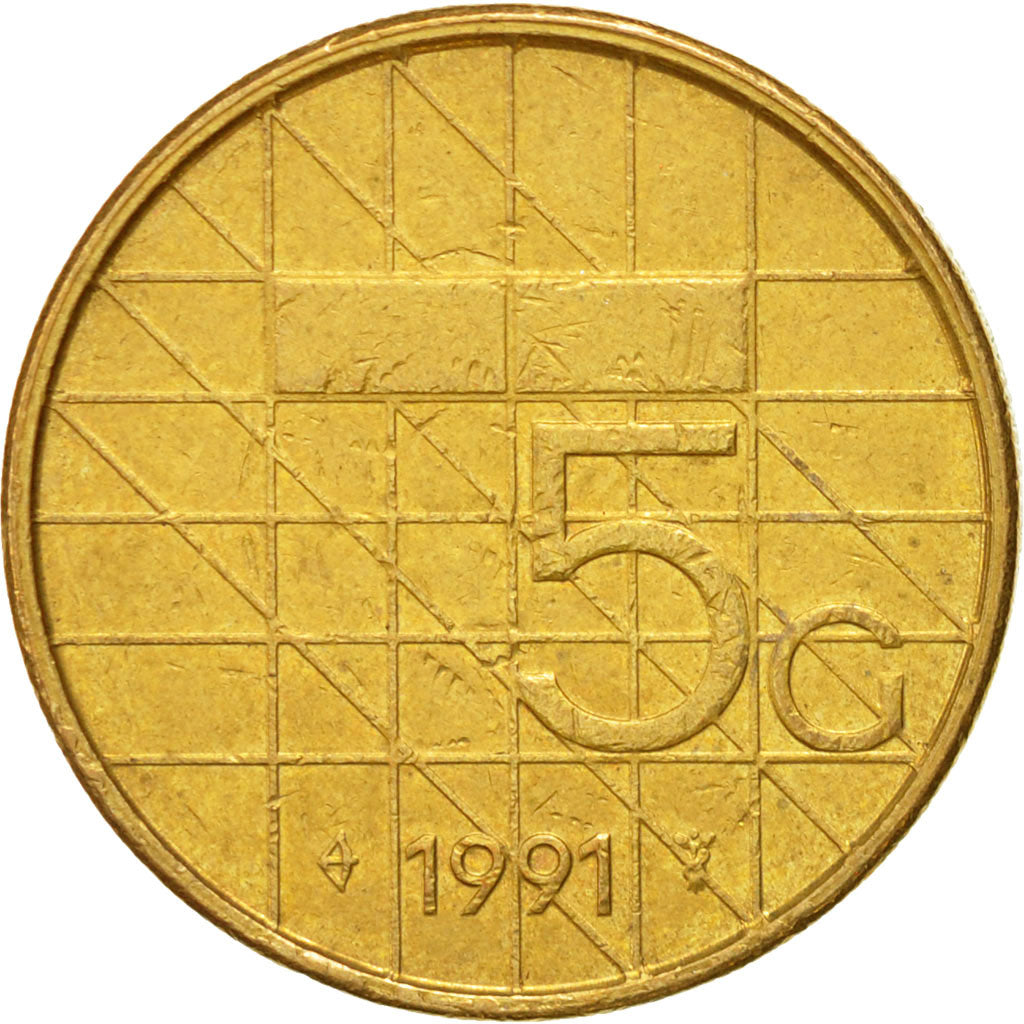 Coin, Netherlands, Beatrix, 5 Gulden, 1991, EF(40-45), Bronze Clad Nickel
