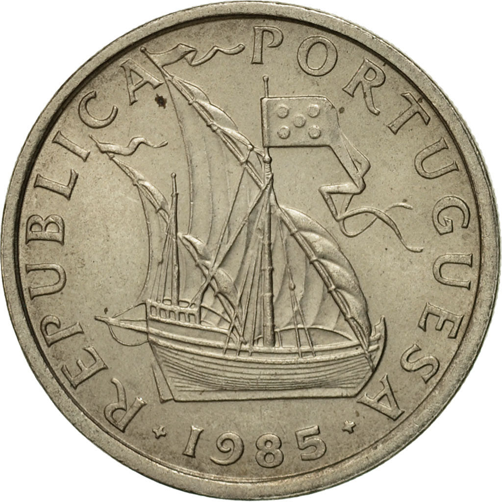 Moneta, Portugal, 5 Escudos, 1985, AU(50-53), Miedź-Nikiel, KM:591