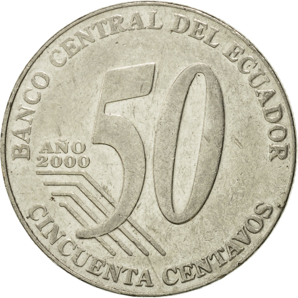 Moneda, Ecuador, 50 Centavos, Cincuenta, 2000, MBC, Acero, KM:108