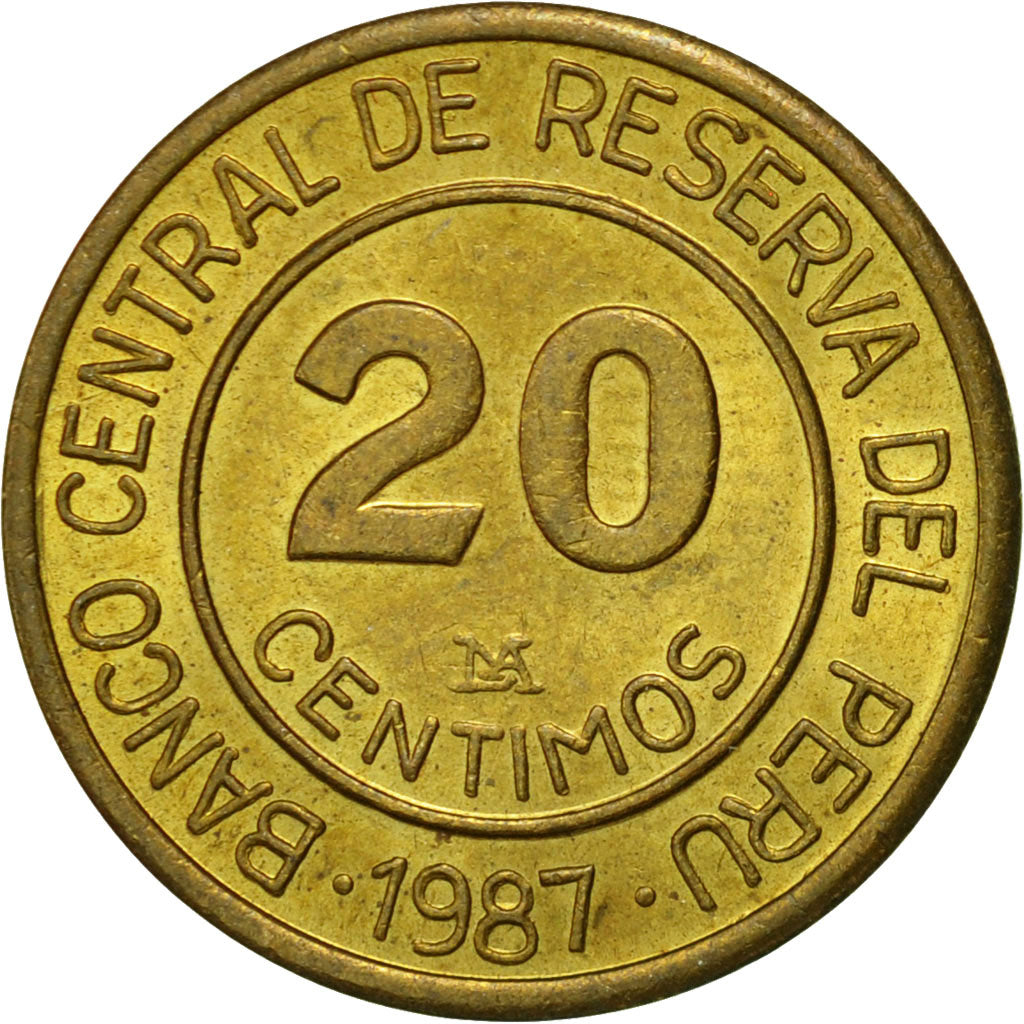 Moneda, Perú, 20 Centimos, 1987, Lima, MBC, Latón, KM:294