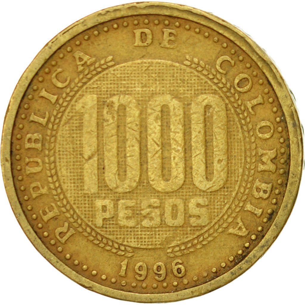 Moneda, Colombia, 1000 Pesos, 1996, MBC, Aluminio - bronce, KM:288