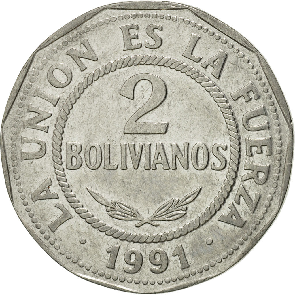 Coin, Bolivia, 2 Bolivianos, 1991, EF(40-45), Stainless Steel, KM:206.1
