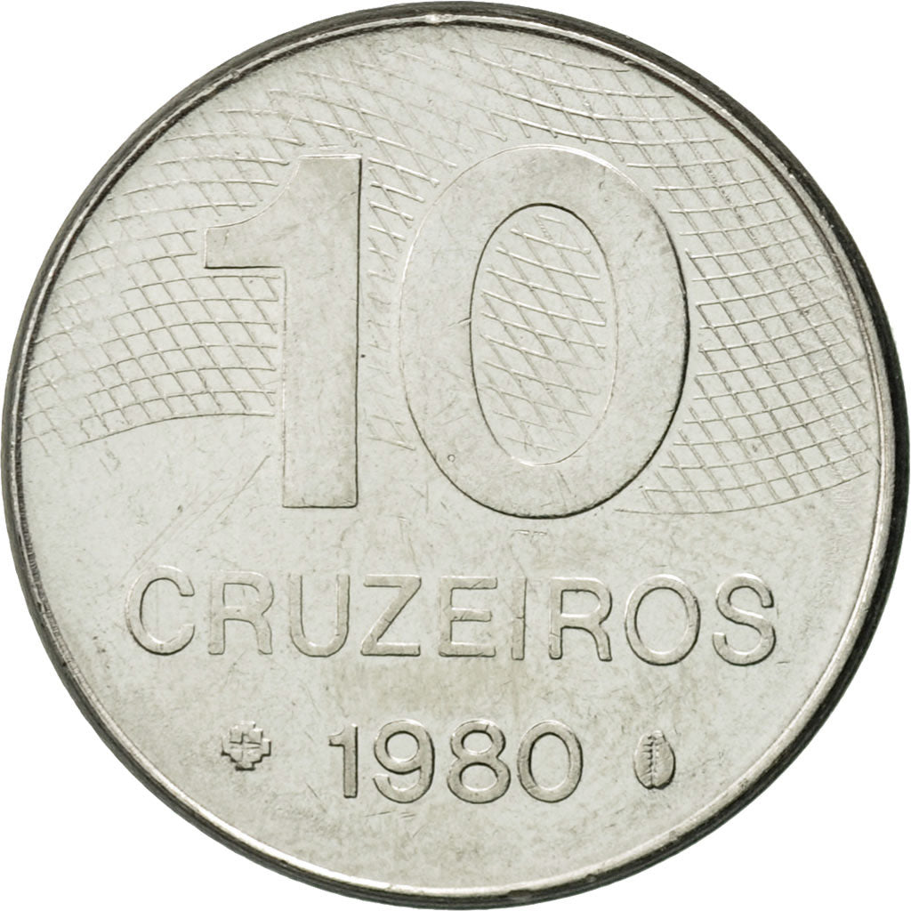 Münze, Brasilien, 10 Cruzeiros, 1980, SS+, Stainless Steel, KM:592.1
