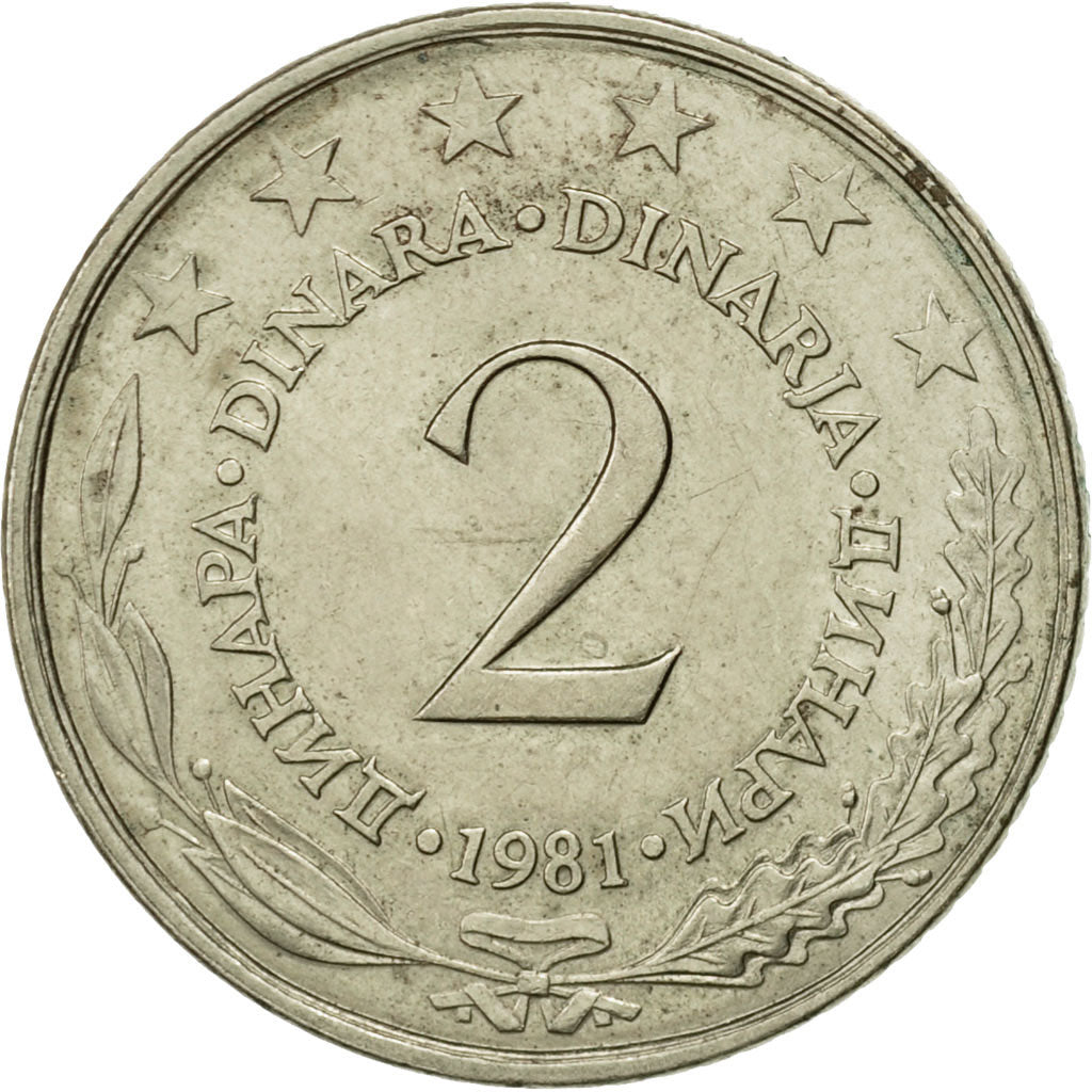 Coin, Yugoslavia, 2 Dinara, 1981, AU(50-53), Copper-Nickel-Zinc, KM:57