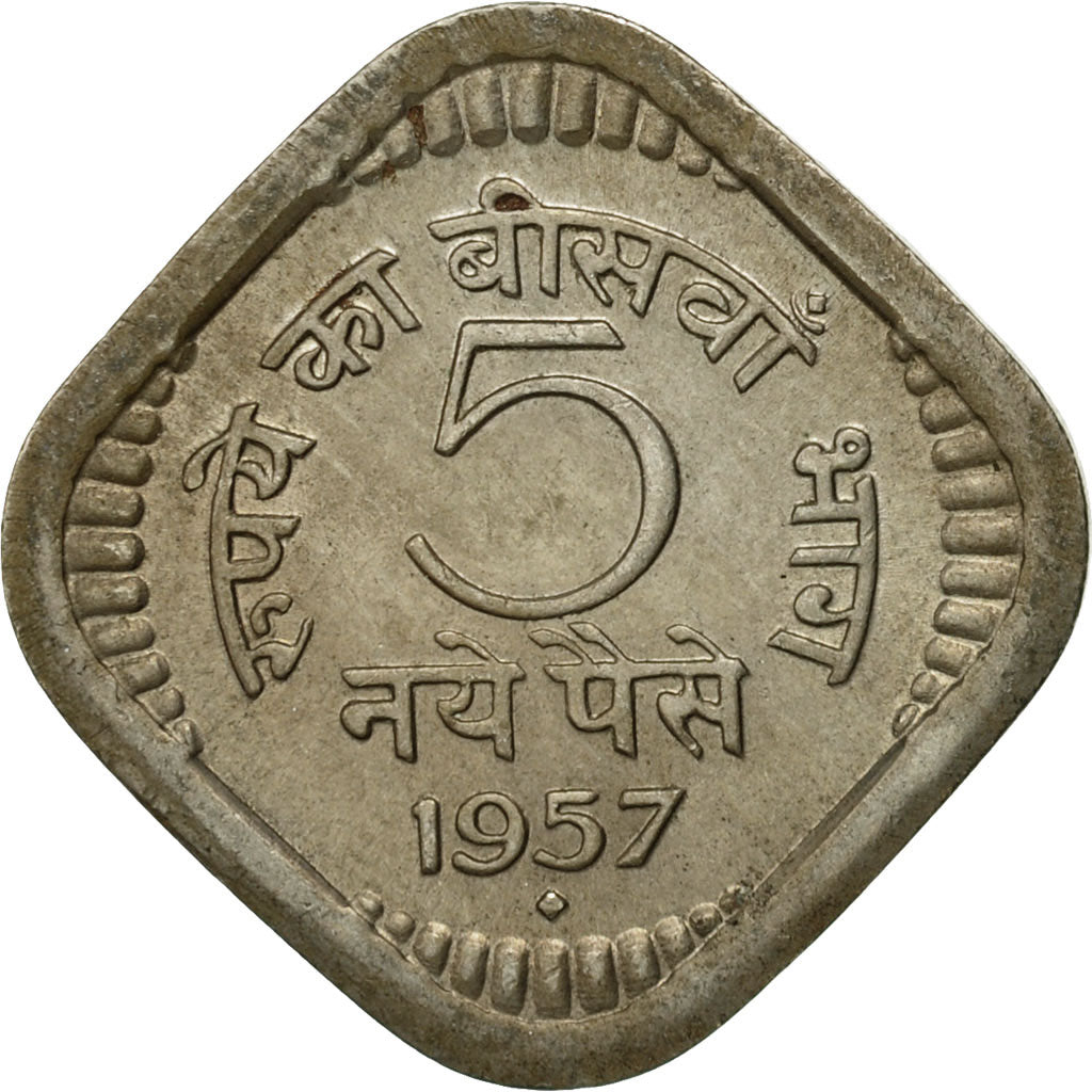 Moneta, INDIE-REPUBLIKA, 5 Naye Paise, 1957, AU(50-53), Miedź-Nikiel, KM:16