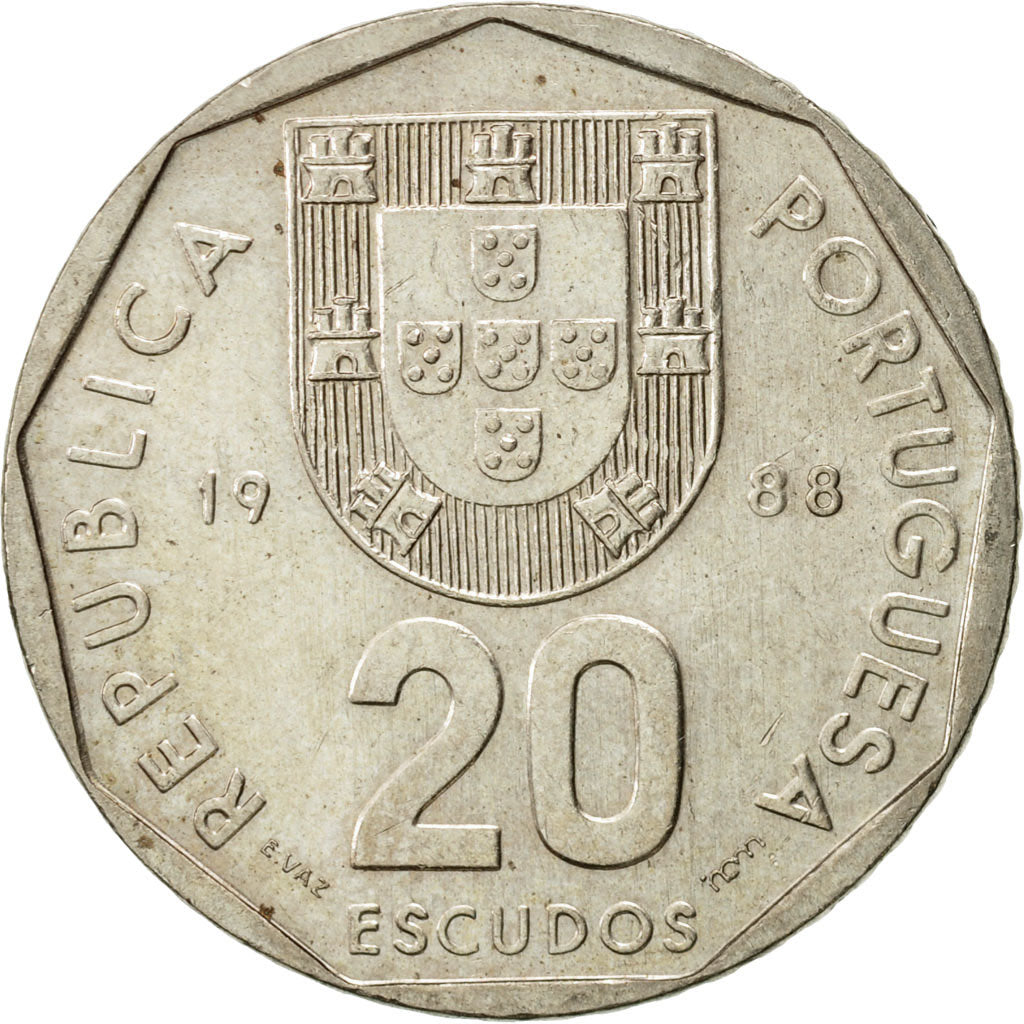 Moneta, Portugal, 20 Escudos, 1988, Lisbon, AU(50-53), Miedź-Nikiel, KM:634.1