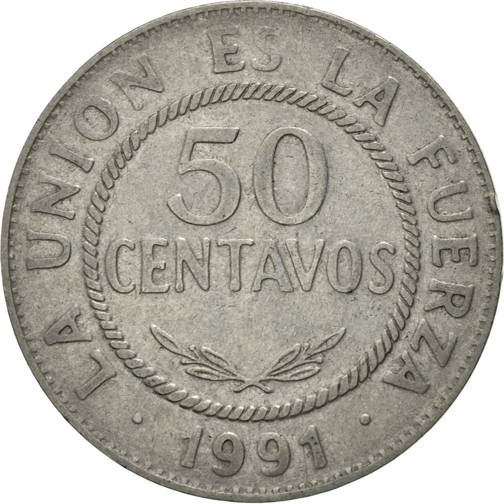 Coin, Bolivia, 50 Centavos, 1991, EF(40-45), Stainless Steel, KM:204