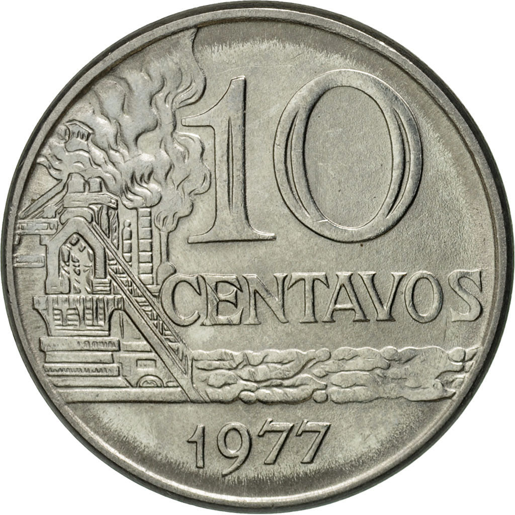 Moneta, Brazylia, 10 Centavos, 1977, AU(55-58), Stal nierdzewna, KM:578.1a