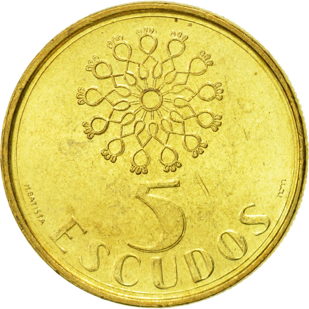 Moneta, Portugal, 5 Escudos, 1991, AU(55-58), Mosiądz niklowy, KM:632