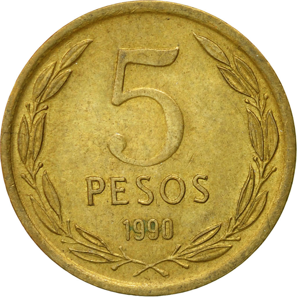 Moneda, Chile, 5 Pesos, 1990, Santiago, MBC, Aluminio - bronce, KM:229