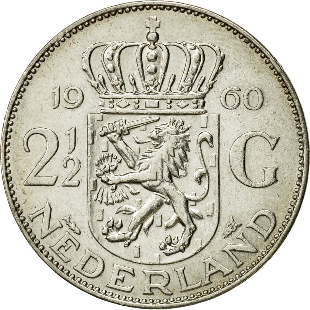 Coin, Netherlands, Juliana, 2-1/2 Gulden, 1960, EF(40-45), Silver, KM:185