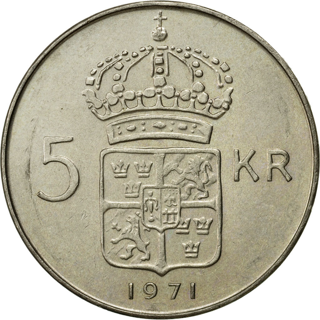 Coin, Sweden, Gustaf VI, 5 Kronor, 1971, AU(55-58), Silver, KM:829