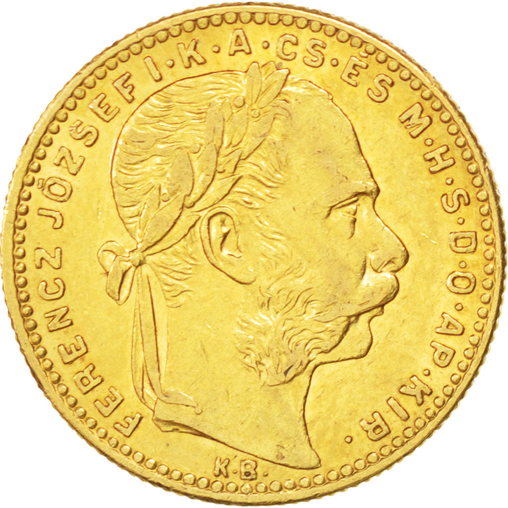 HUNGARY, 8 Forint 20 Francs, 1889, Kormoczbanya, KM #467, AU(55-58), Gold, 6.42