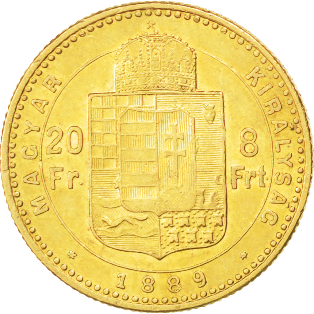 HUNGARY, 8 Forint 20 Francs, 1889, Kormoczbanya, KM #467, AU(55-58), Gold, 6.42