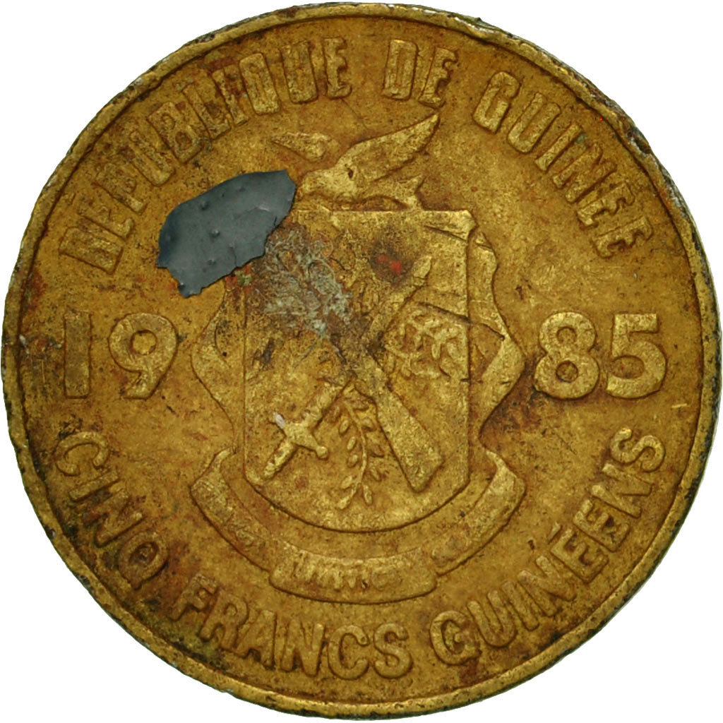 Coin, Guinea, 5 Francs, 1985, VF(30-35), Brass Clad Steel, KM:53