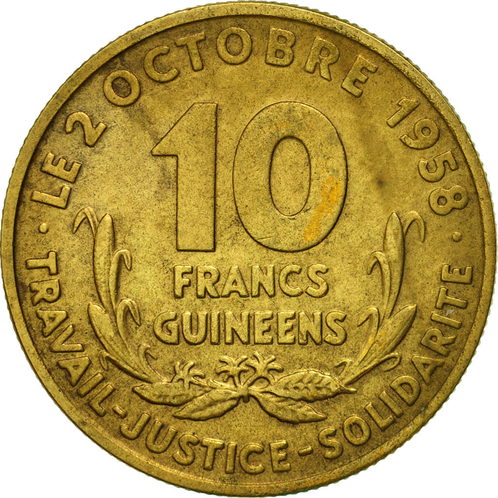 Coin, Guinea, 10 Francs, 1959, EF(40-45), Aluminum-Bronze, KM:2