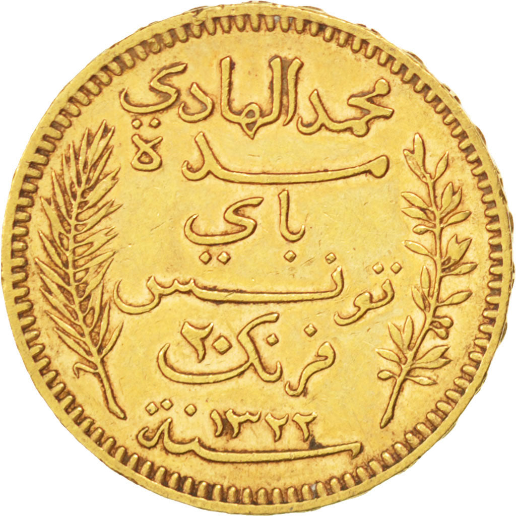 TUNISIA, 20 Francs, 1904, Paris, KM #234, AU(50-53), Gold, 6.44