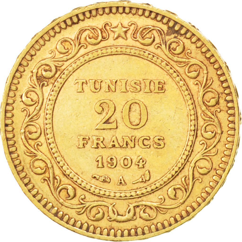 TUNISIA, 20 Francs, 1904, Paris, KM #234, AU(50-53), Gold, 6.44
