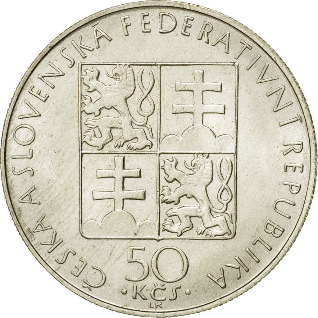 Coin, Czechoslovakia, 50 Korun, 1990, MS(63), Silver, KM:140.1