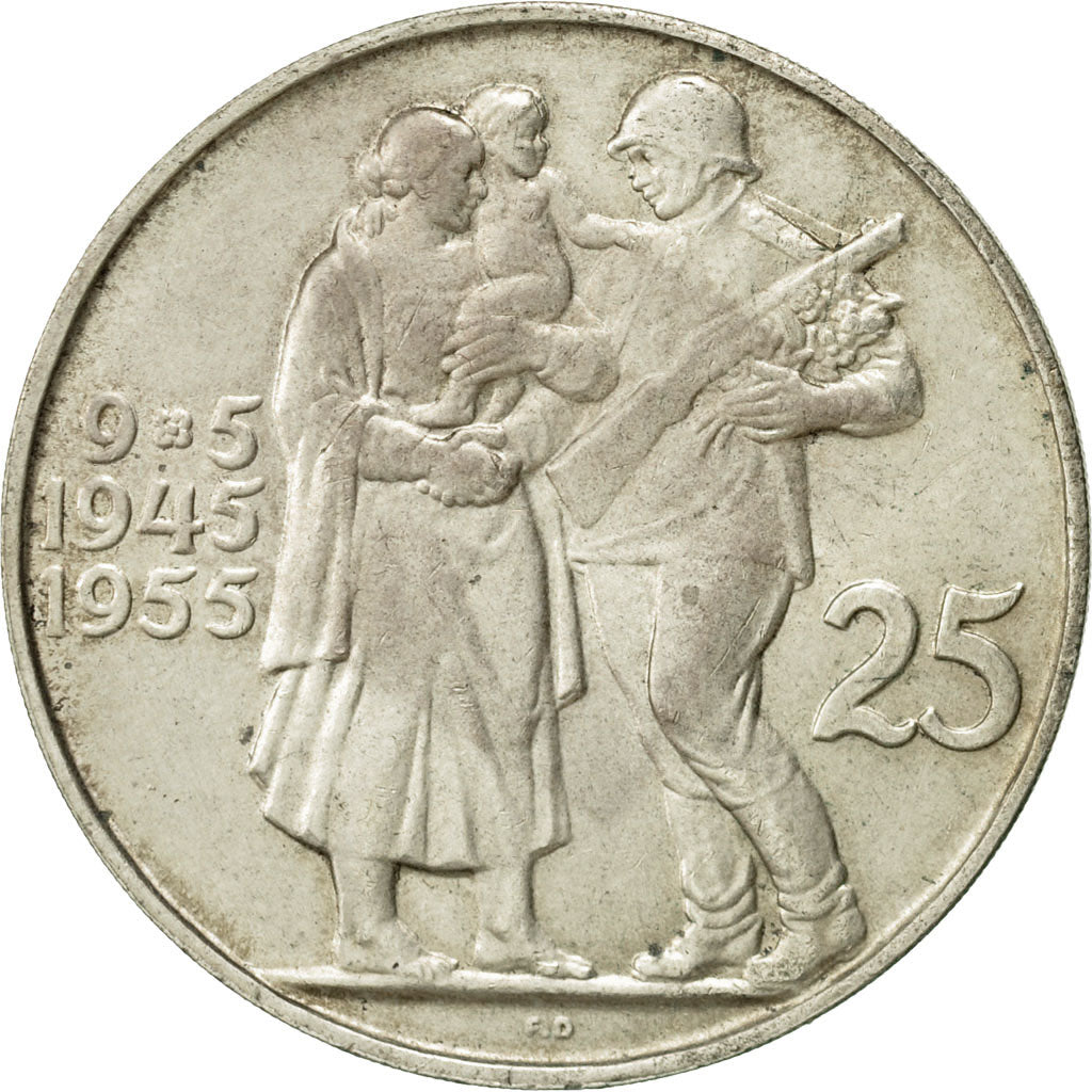 Coin, Czechoslovakia, 25 Korun, 1955, MS(60-62), Silver, KM:43