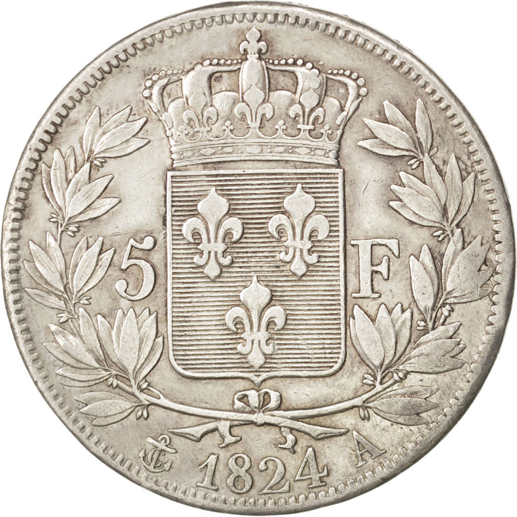 FRANCE, Louis XVIII, 5 Francs, 1824, Paris, KM #711.1, EF(40-45), Silver,...