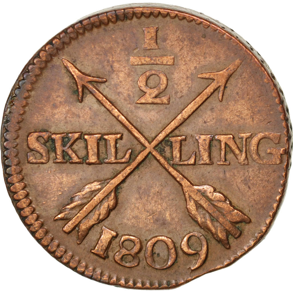 SWEDEN, 1/2 Skilling, 1809, KM #565, EF(40-45), Copper, 30.5, 13.40