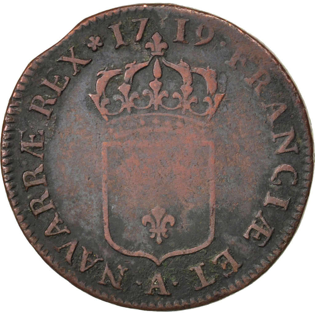 FRANCE, Sol au buste enfantin, Sol, 1719, Paris, KM #439.1, EF(40-45), Copper,..