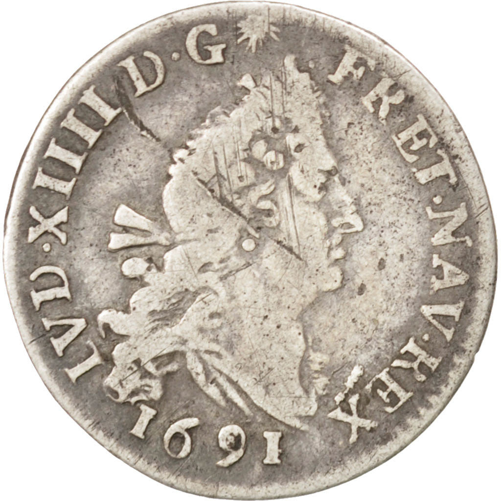 Coin, France, Louis XIV, 4 Sols aux 2 L, 4 Sols 2 Deniers, 1691, Amiens