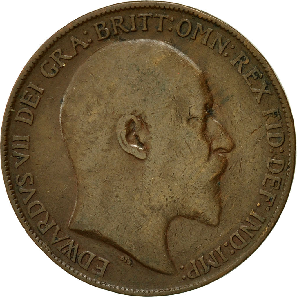 Moneda, Gran Bretaña, Edward VII, Penny, 1908, BC+, Bronce, KM:794.2