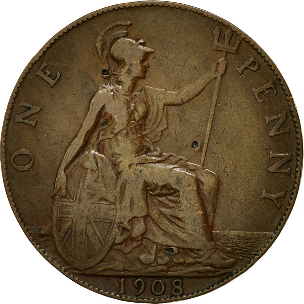 Moneda, Gran Bretaña, Edward VII, Penny, 1908, BC+, Bronce, KM:794.2