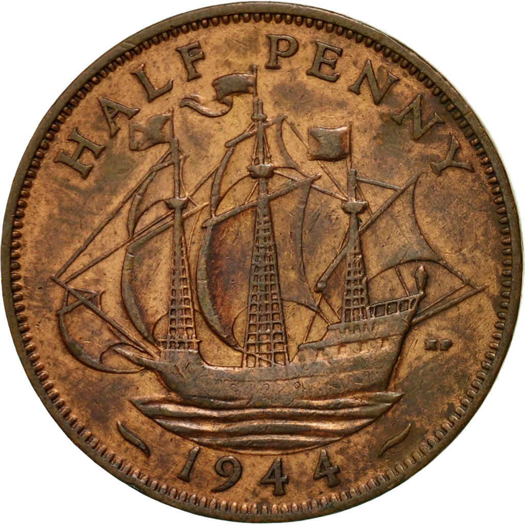 Münze, Großbritannien, George VI, 1/2 Penny, 1944, SS+, Bronze, KM:844