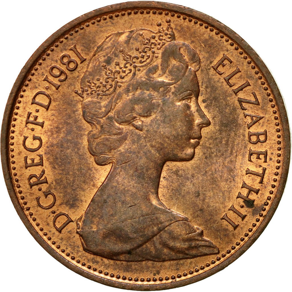 Coin, Great Britain, Elizabeth II, 2 New Pence, 1981, AU(50-53), Bronze, KM:916