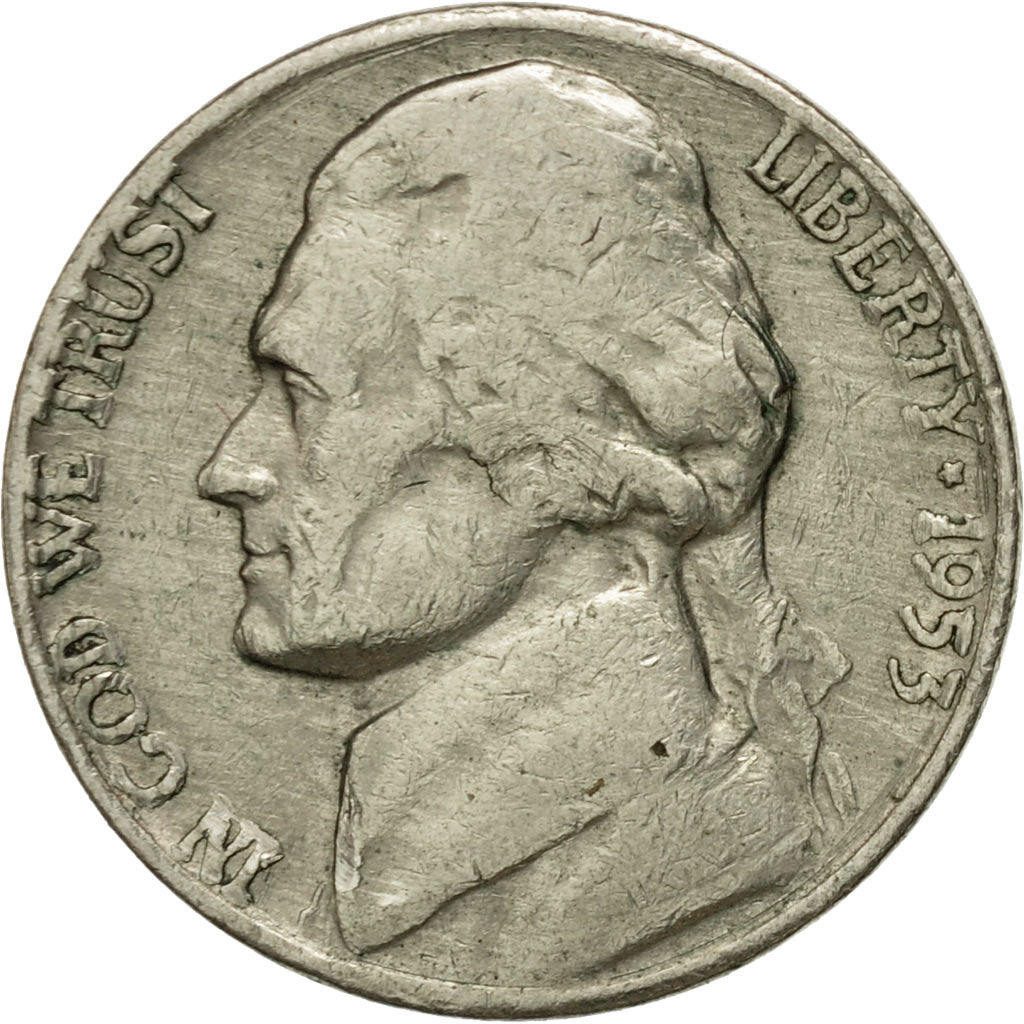 Coin, United States, Jefferson Nickel, 5 Cents, 1953, U.S. Mint, Denver