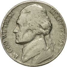 Coin, United States, Jefferson Nickel, 5 Cents, 1953, U.S. Mint, Denver