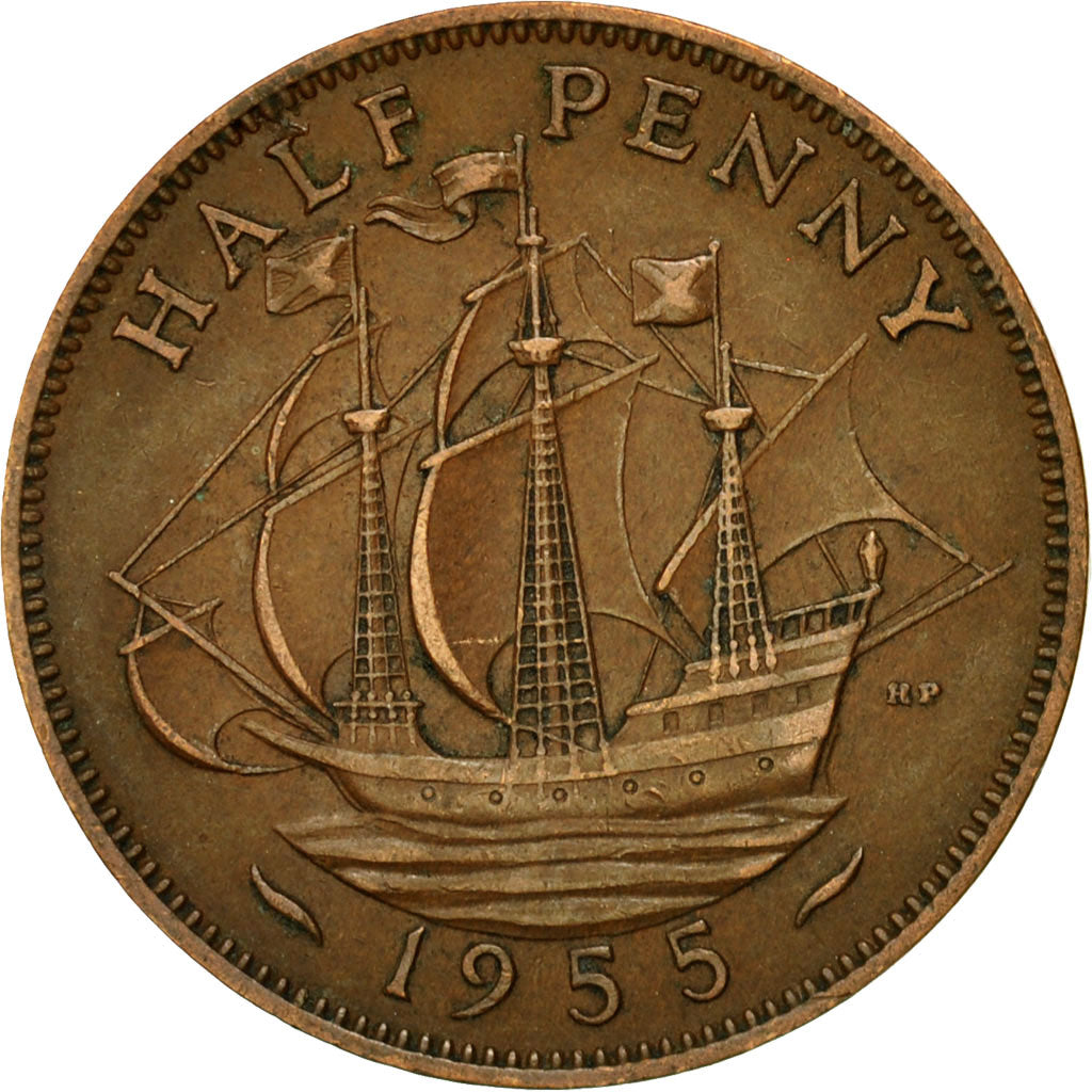 Coin, Great Britain, Elizabeth II, 1/2 Penny, 1955, EF(40-45), Bronze, KM:896