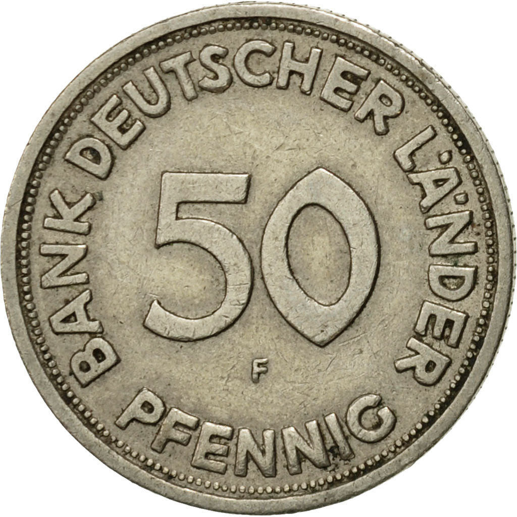 Moneda, ALEMANIA - REPÚBLICA FEDERAL, 50 Pfennig, 1949, Stuttgart, MBC, Cobre -