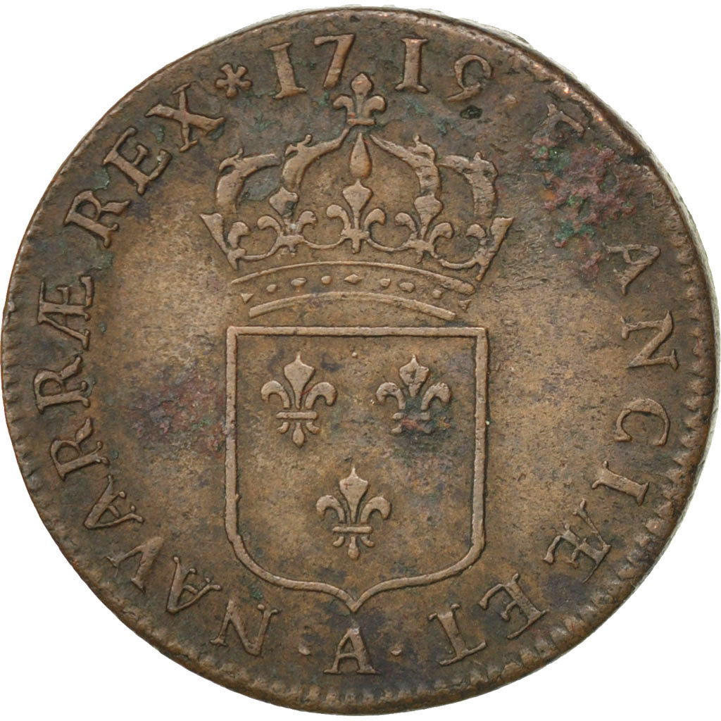 FRANCE, Sol au buste enfantin, Sol, 1719, Paris, KM #439.1, EF(40-45), Copper,..
